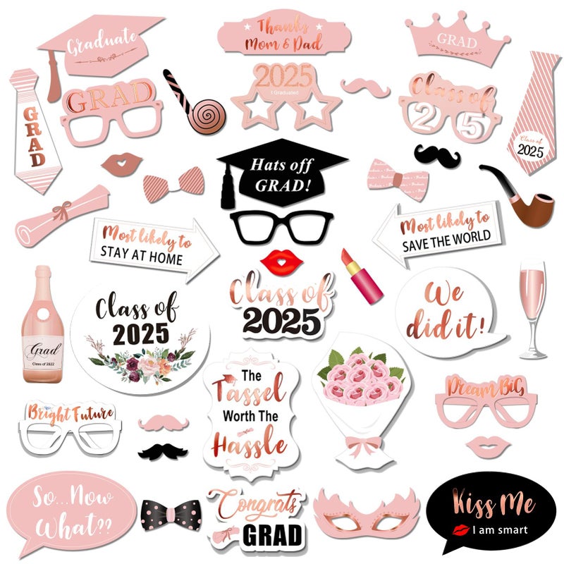 Konsait Rose Gold Graduation Photo Booth Props Party Supplies Graduation Photo Props Class of 2025 Grad Decor with Sticks, Class Decorations Graduation Party Favors Decor Accessories(39Count) - Image 1